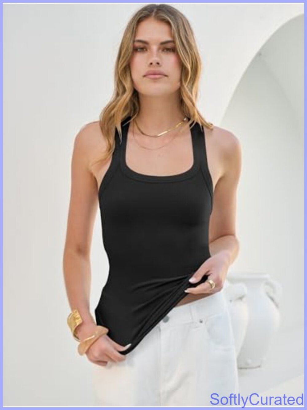 Square Neck Racerback Ribbed Slim Fit Tank Top - Picture 3 of 6